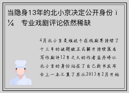 当隐身13年的北小京决定公开身份 ，专业戏剧评论依然稀缺